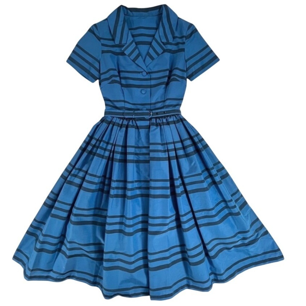 Vintage Handmade Blue Strip Fit Flare Dress Belted 50s Style Rockabilly Swing